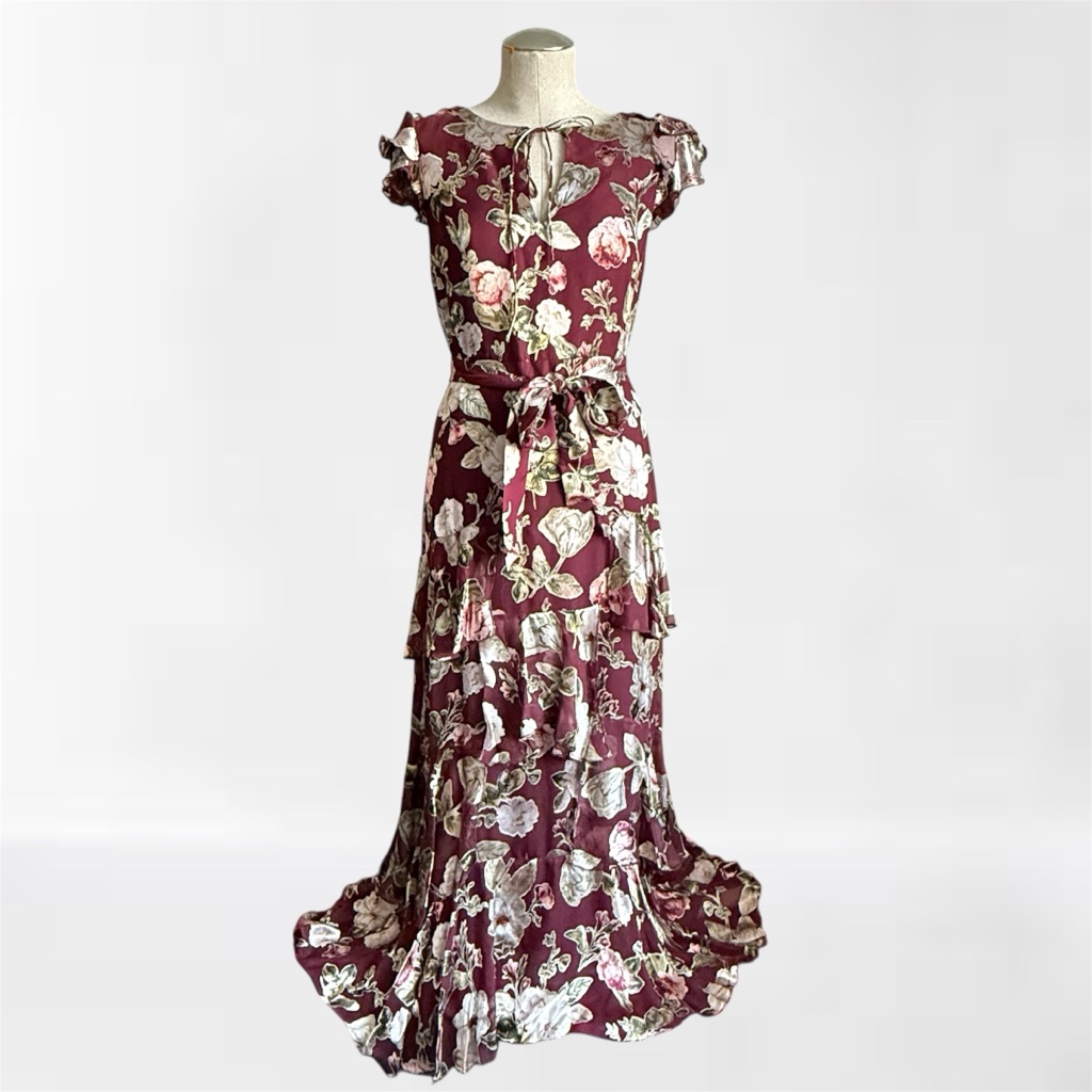 Alice + Olivia Jenny Flutter-Sleeve Ruffle Maxi Dress In Hazy Floral Wine Size 6